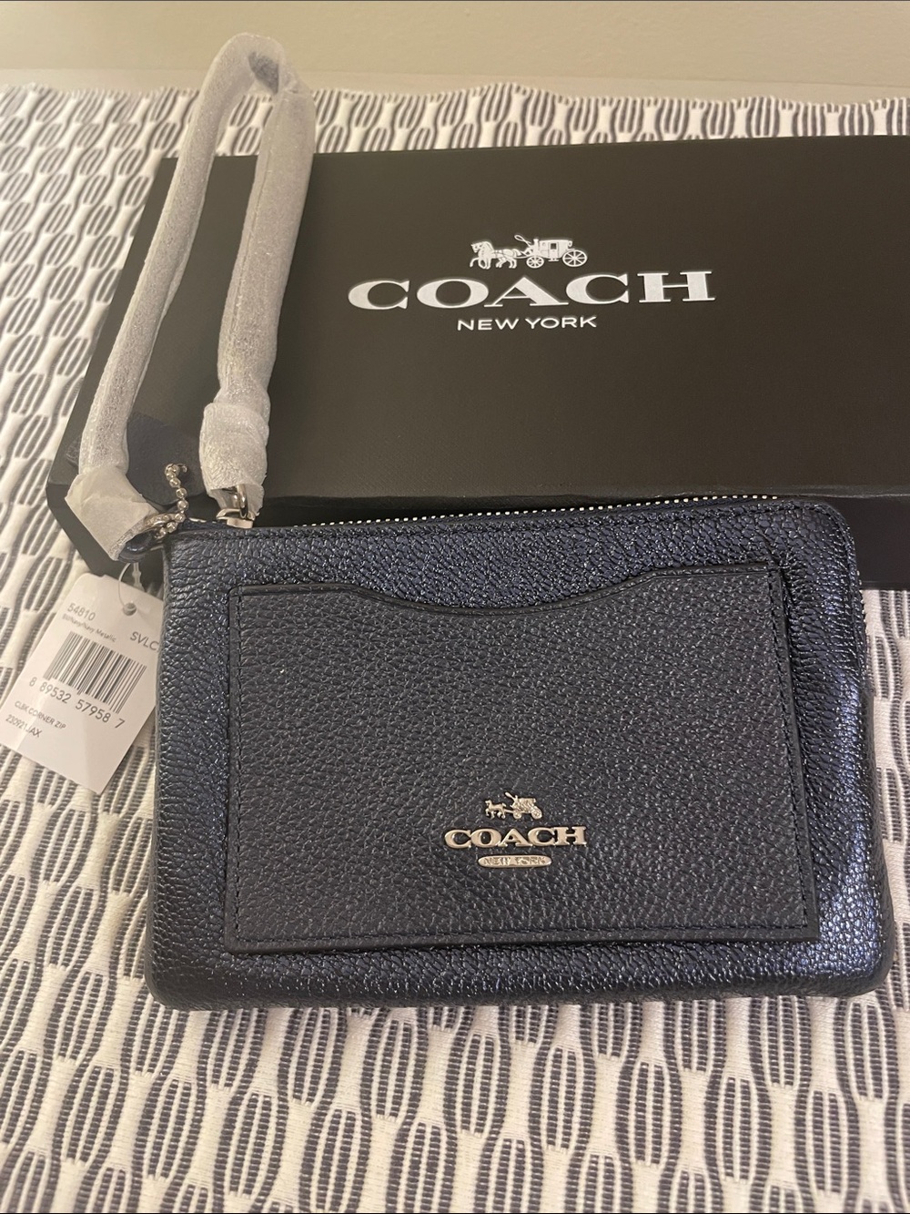 Coach Metallic Blue and Black Pebbled Leather Wristlet